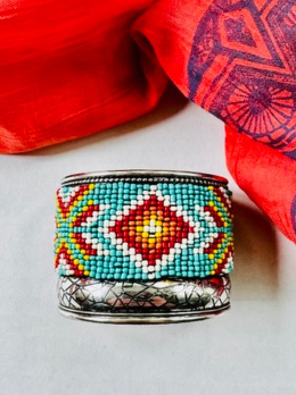 Native American Style Beaded Cuff Bracelet Stamped Silver-Tone Metal